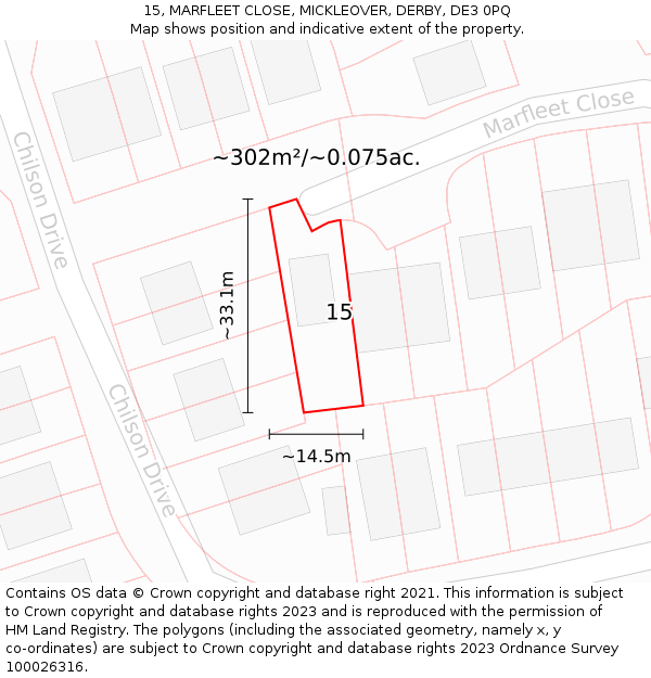 15, MARFLEET CLOSE, MICKLEOVER, DERBY, DE3 0PQ: Plot and title map