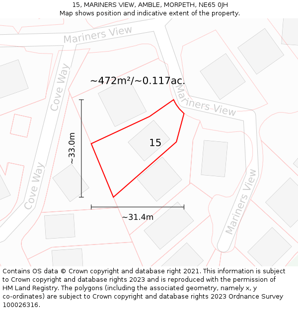 15, MARINERS VIEW, AMBLE, MORPETH, NE65 0JH: Plot and title map