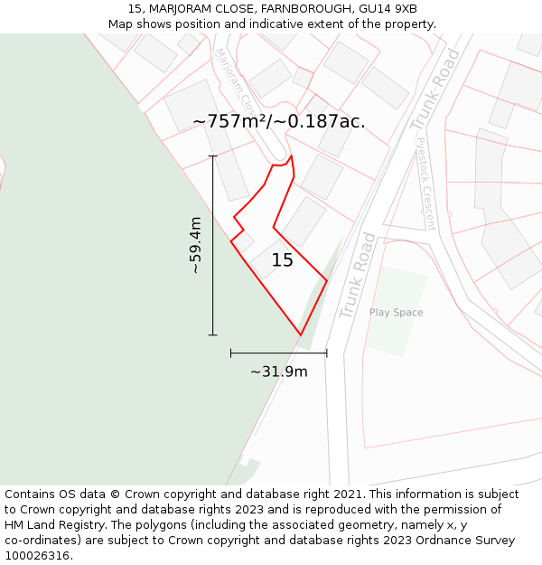 15, MARJORAM CLOSE, FARNBOROUGH, GU14 9XB: Plot and title map