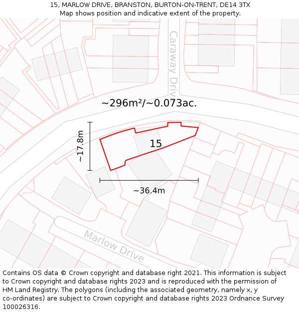 15, MARLOW DRIVE, BRANSTON, BURTON-ON-TRENT, DE14 3TX: Plot and title map