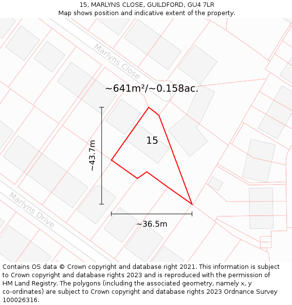 15, MARLYNS CLOSE, GUILDFORD, GU4 7LR: Plot and title map