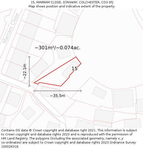 15, MARRAM CLOSE, STANWAY, COLCHESTER, CO3 0PJ: Plot and title map