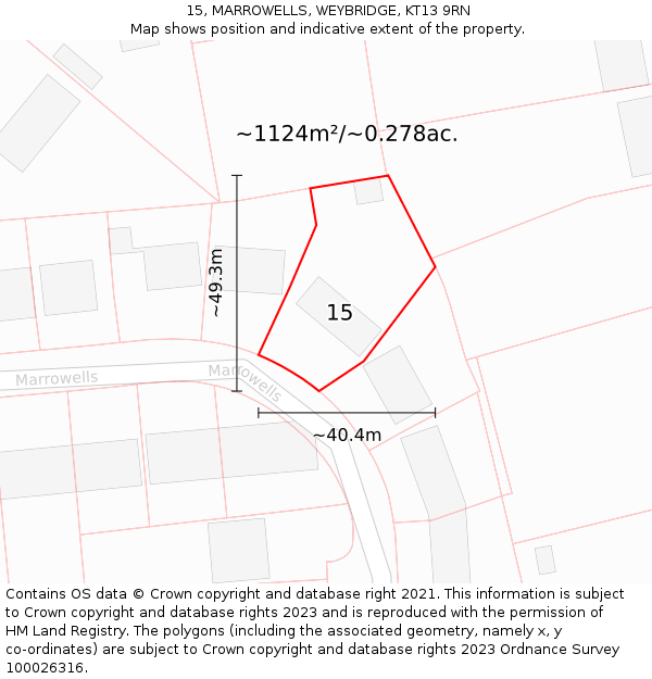 15, MARROWELLS, WEYBRIDGE, KT13 9RN: Plot and title map