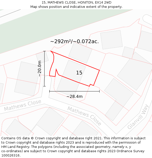 15, MATHEWS CLOSE, HONITON, EX14 2WD: Plot and title map