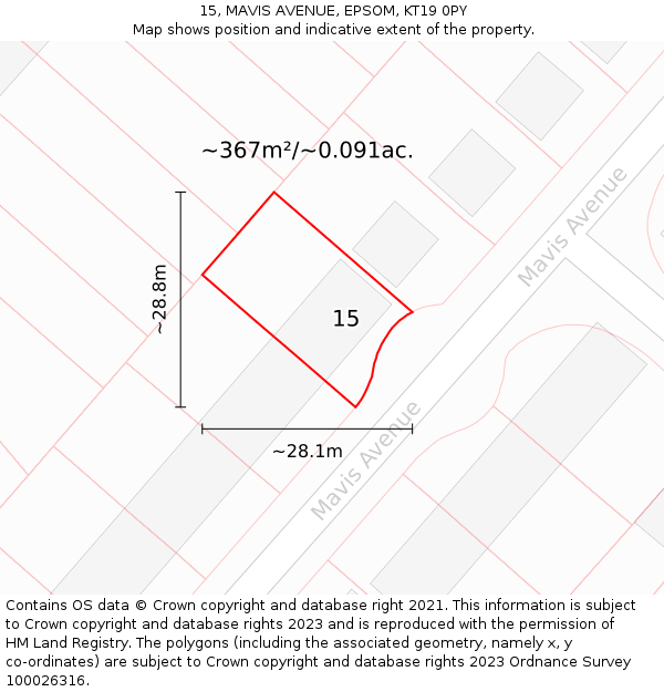 15, MAVIS AVENUE, EPSOM, KT19 0PY: Plot and title map