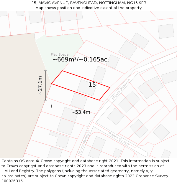 15, MAVIS AVENUE, RAVENSHEAD, NOTTINGHAM, NG15 9EB: Plot and title map