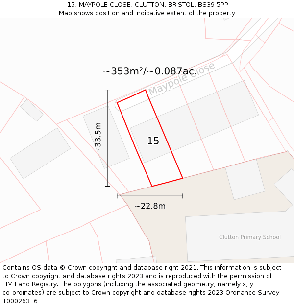15, MAYPOLE CLOSE, CLUTTON, BRISTOL, BS39 5PP: Plot and title map