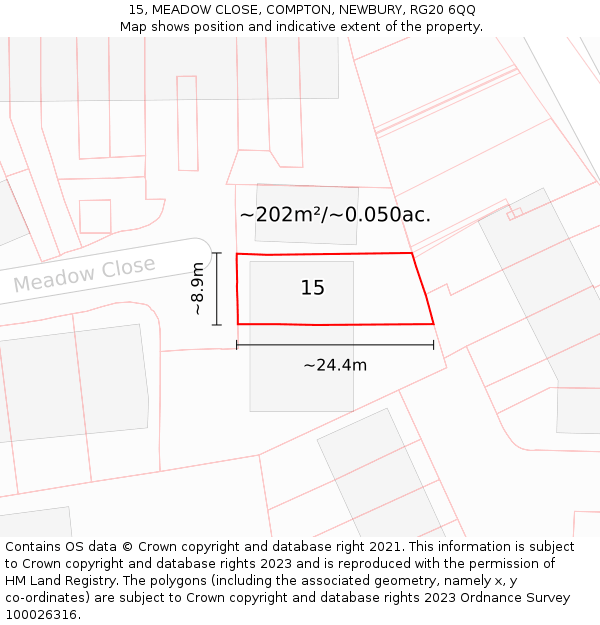 15, MEADOW CLOSE, COMPTON, NEWBURY, RG20 6QQ: Plot and title map