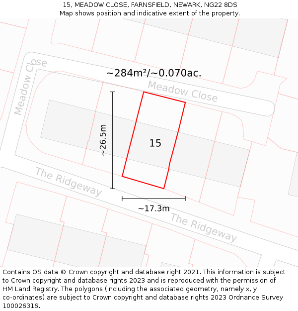 15, MEADOW CLOSE, FARNSFIELD, NEWARK, NG22 8DS: Plot and title map