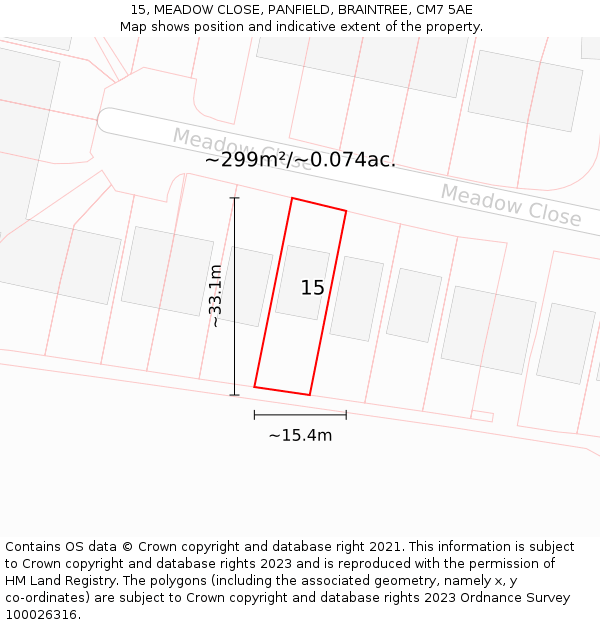 15, MEADOW CLOSE, PANFIELD, BRAINTREE, CM7 5AE: Plot and title map