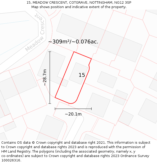15, MEADOW CRESCENT, COTGRAVE, NOTTINGHAM, NG12 3SP: Plot and title map