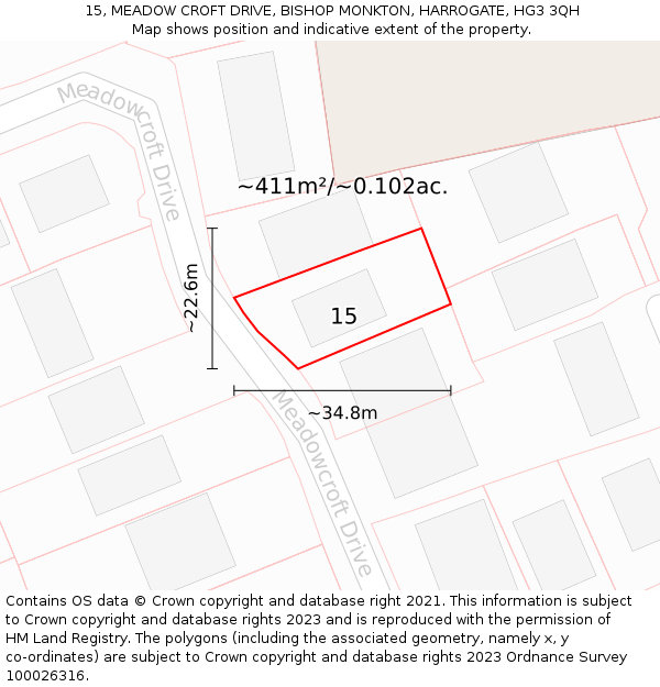 15, MEADOW CROFT DRIVE, BISHOP MONKTON, HARROGATE, HG3 3QH: Plot and title map
