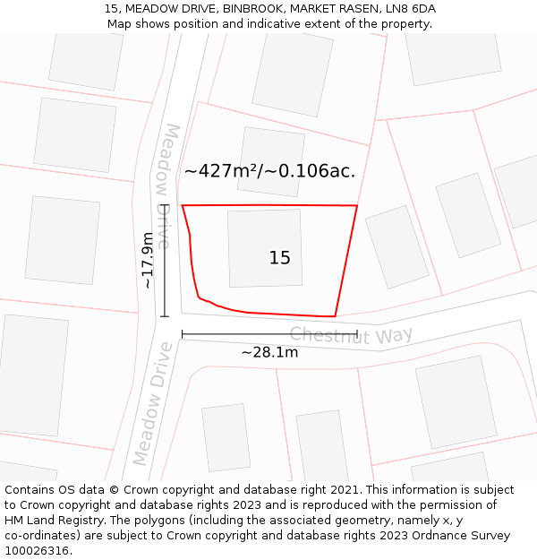 15, MEADOW DRIVE, BINBROOK, MARKET RASEN, LN8 6DA: Plot and title map