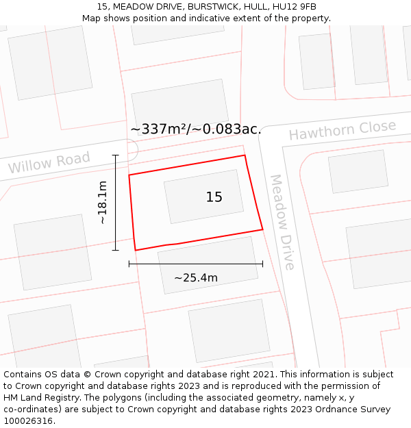 15, MEADOW DRIVE, BURSTWICK, HULL, HU12 9FB: Plot and title map