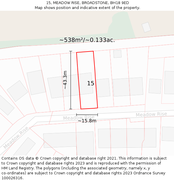 15, MEADOW RISE, BROADSTONE, BH18 9ED: Plot and title map