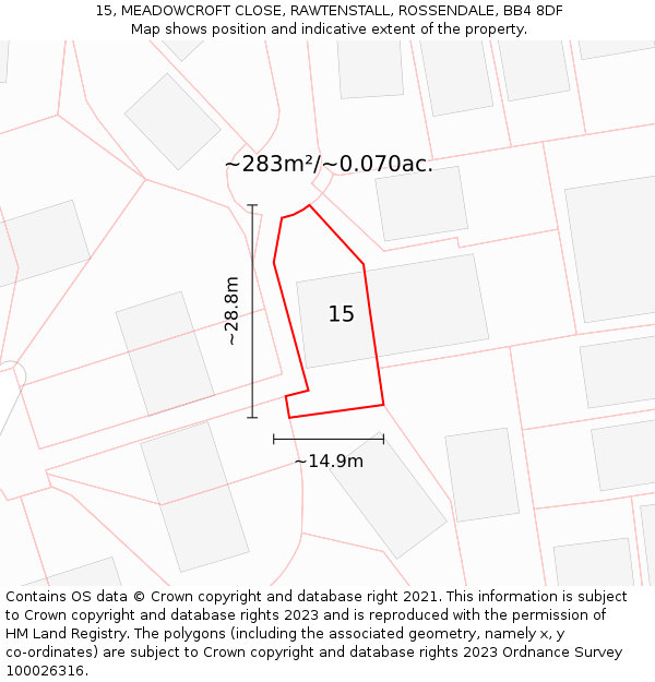 15, MEADOWCROFT CLOSE, RAWTENSTALL, ROSSENDALE, BB4 8DF: Plot and title map