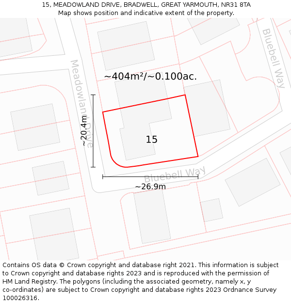 15, MEADOWLAND DRIVE, BRADWELL, GREAT YARMOUTH, NR31 8TA: Plot and title map