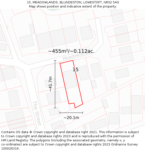 15, MEADOWLANDS, BLUNDESTON, LOWESTOFT, NR32 5AS: Plot and title map