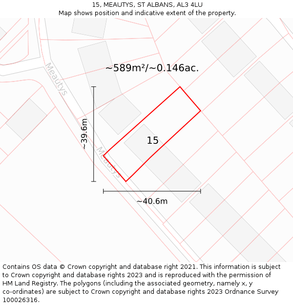 15, MEAUTYS, ST ALBANS, AL3 4LU: Plot and title map