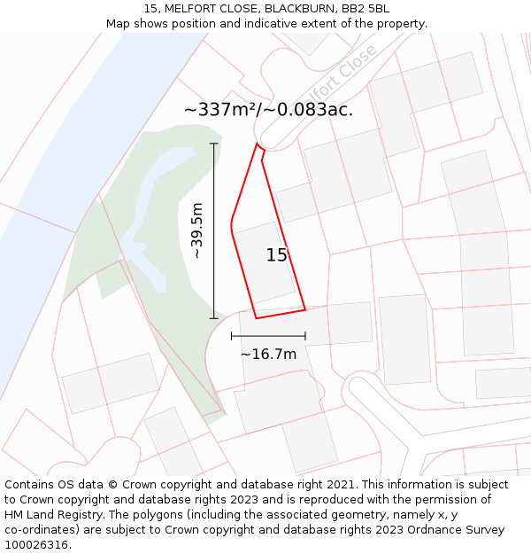 15, MELFORT CLOSE, BLACKBURN, BB2 5BL: Plot and title map