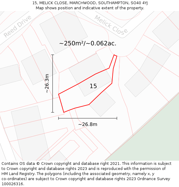 15, MELICK CLOSE, MARCHWOOD, SOUTHAMPTON, SO40 4YJ: Plot and title map