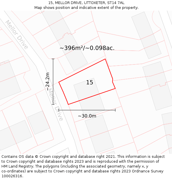 15, MELLOR DRIVE, UTTOXETER, ST14 7AL: Plot and title map