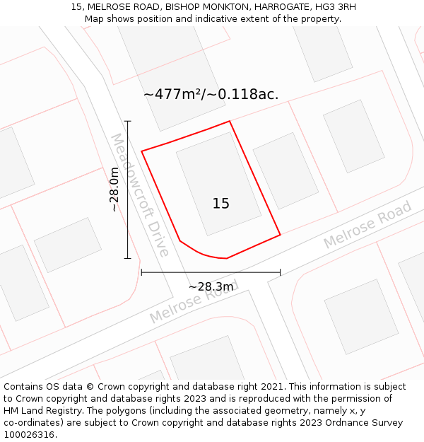 15, MELROSE ROAD, BISHOP MONKTON, HARROGATE, HG3 3RH: Plot and title map