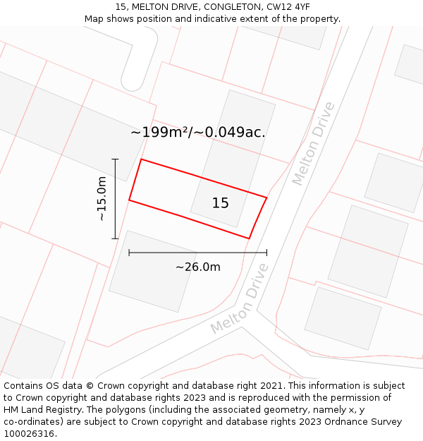 15, MELTON DRIVE, CONGLETON, CW12 4YF: Plot and title map