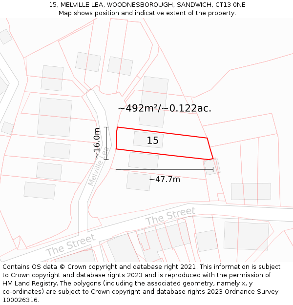 15, MELVILLE LEA, WOODNESBOROUGH, SANDWICH, CT13 0NE: Plot and title map