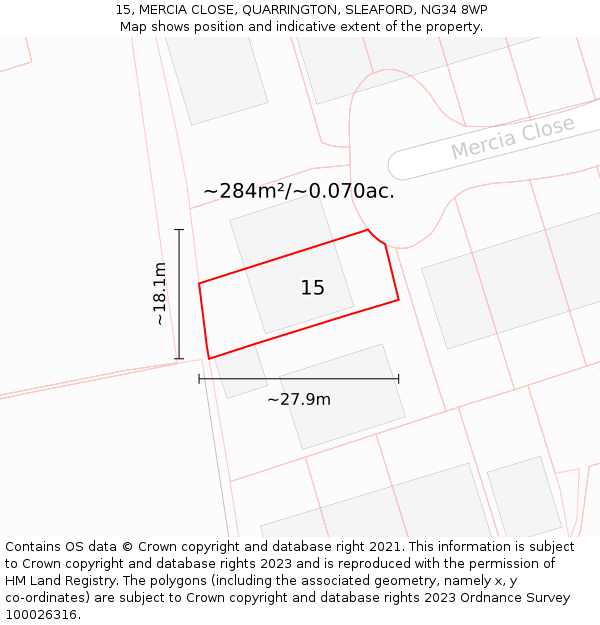 15, MERCIA CLOSE, QUARRINGTON, SLEAFORD, NG34 8WP: Plot and title map