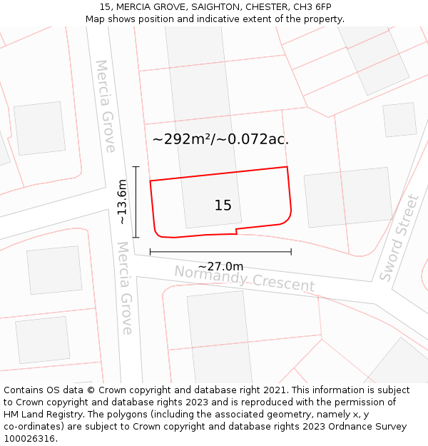 15, MERCIA GROVE, SAIGHTON, CHESTER, CH3 6FP: Plot and title map