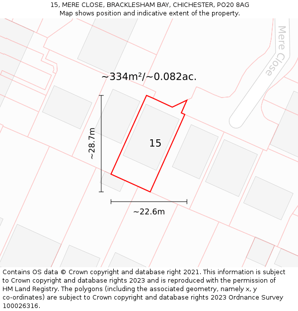 15, MERE CLOSE, BRACKLESHAM BAY, CHICHESTER, PO20 8AG: Plot and title map