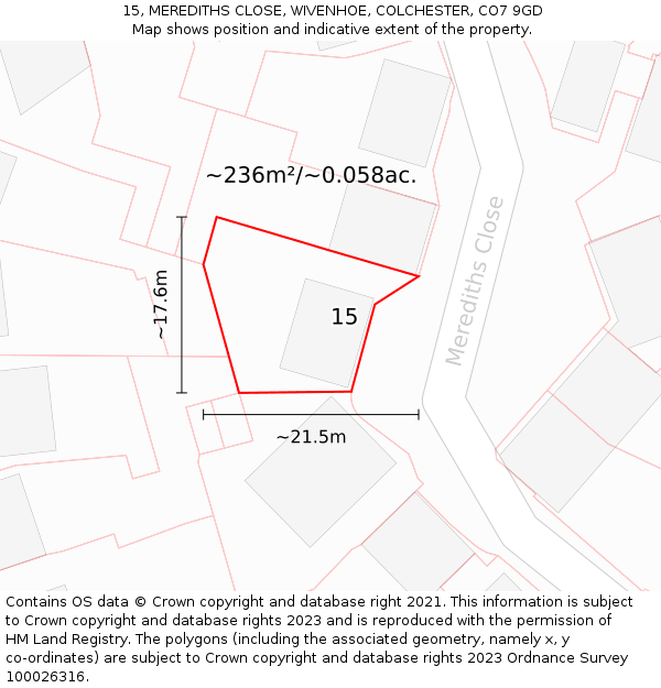 15, MEREDITHS CLOSE, WIVENHOE, COLCHESTER, CO7 9GD: Plot and title map