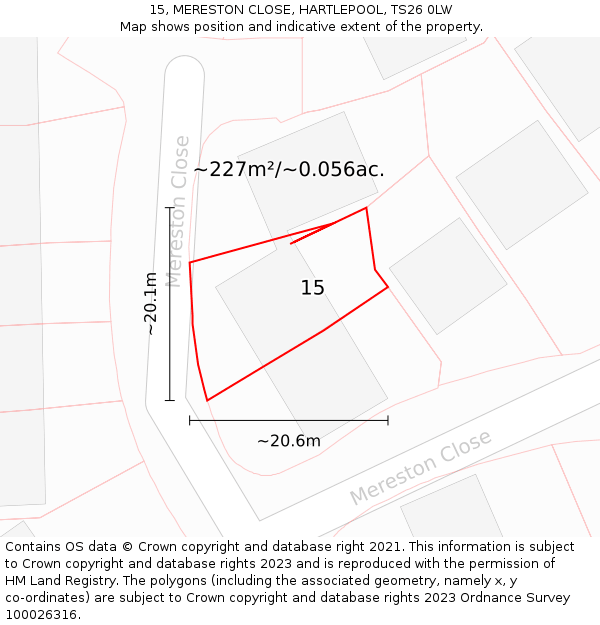 15, MERESTON CLOSE, HARTLEPOOL, TS26 0LW: Plot and title map