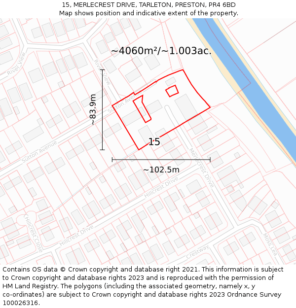 15, MERLECREST DRIVE, TARLETON, PRESTON, PR4 6BD: Plot and title map