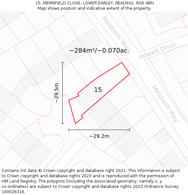 15, MERRIFIELD CLOSE, LOWER EARLEY, READING, RG6 4BN: Plot and title map