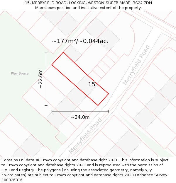 15, MERRYFIELD ROAD, LOCKING, WESTON-SUPER-MARE, BS24 7DN: Plot and title map