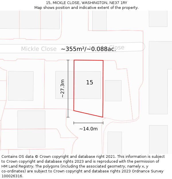 15, MICKLE CLOSE, WASHINGTON, NE37 1RY: Plot and title map