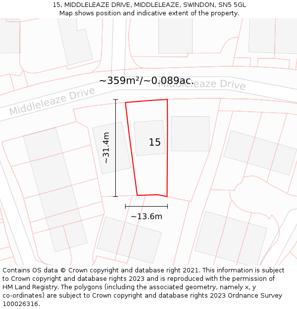 15, MIDDLELEAZE DRIVE, MIDDLELEAZE, SWINDON, SN5 5GL: Plot and title map