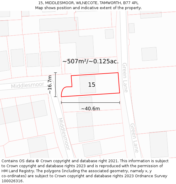 15, MIDDLESMOOR, WILNECOTE, TAMWORTH, B77 4PL: Plot and title map