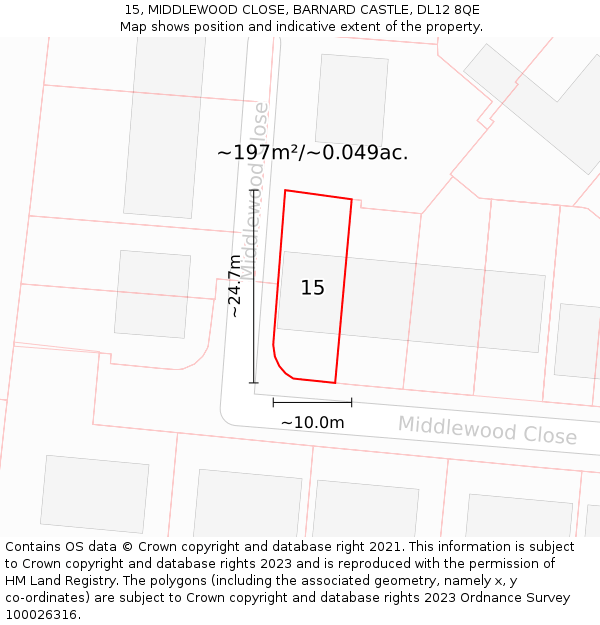 15, MIDDLEWOOD CLOSE, BARNARD CASTLE, DL12 8QE: Plot and title map