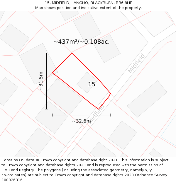 15, MIDFIELD, LANGHO, BLACKBURN, BB6 8HF: Plot and title map
