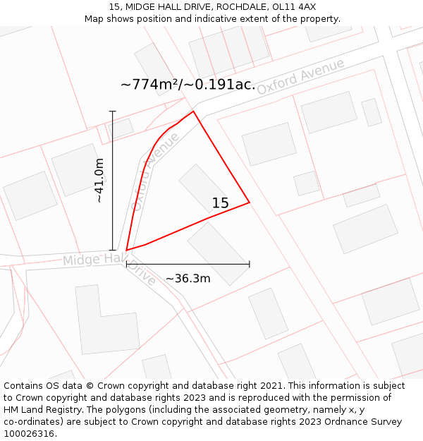 15, MIDGE HALL DRIVE, ROCHDALE, OL11 4AX: Plot and title map