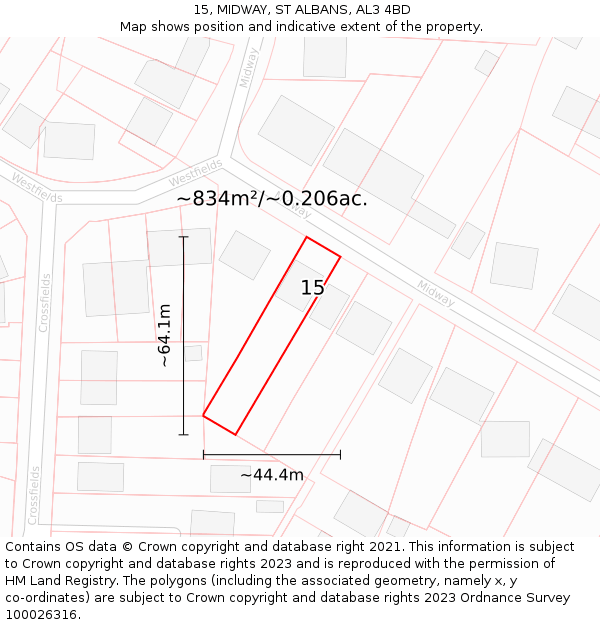 15, MIDWAY, ST ALBANS, AL3 4BD: Plot and title map