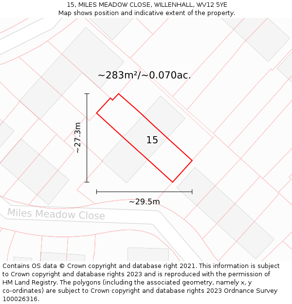 15, MILES MEADOW CLOSE, WILLENHALL, WV12 5YE: Plot and title map