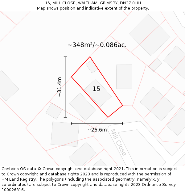 15, MILL CLOSE, WALTHAM, GRIMSBY, DN37 0HH: Plot and title map