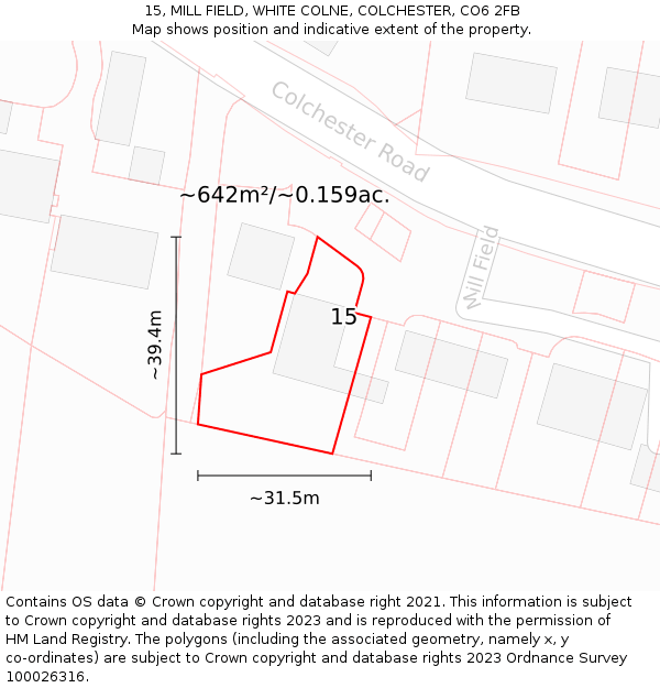 15, MILL FIELD, WHITE COLNE, COLCHESTER, CO6 2FB: Plot and title map