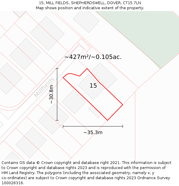 15, MILL FIELDS, SHEPHERDSWELL, DOVER, CT15 7LN: Plot and title map
