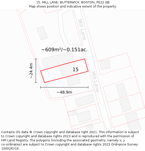 15, MILL LANE, BUTTERWICK, BOSTON, PE22 0JE: Plot and title map