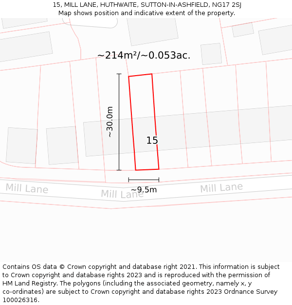 15, MILL LANE, HUTHWAITE, SUTTON-IN-ASHFIELD, NG17 2SJ: Plot and title map